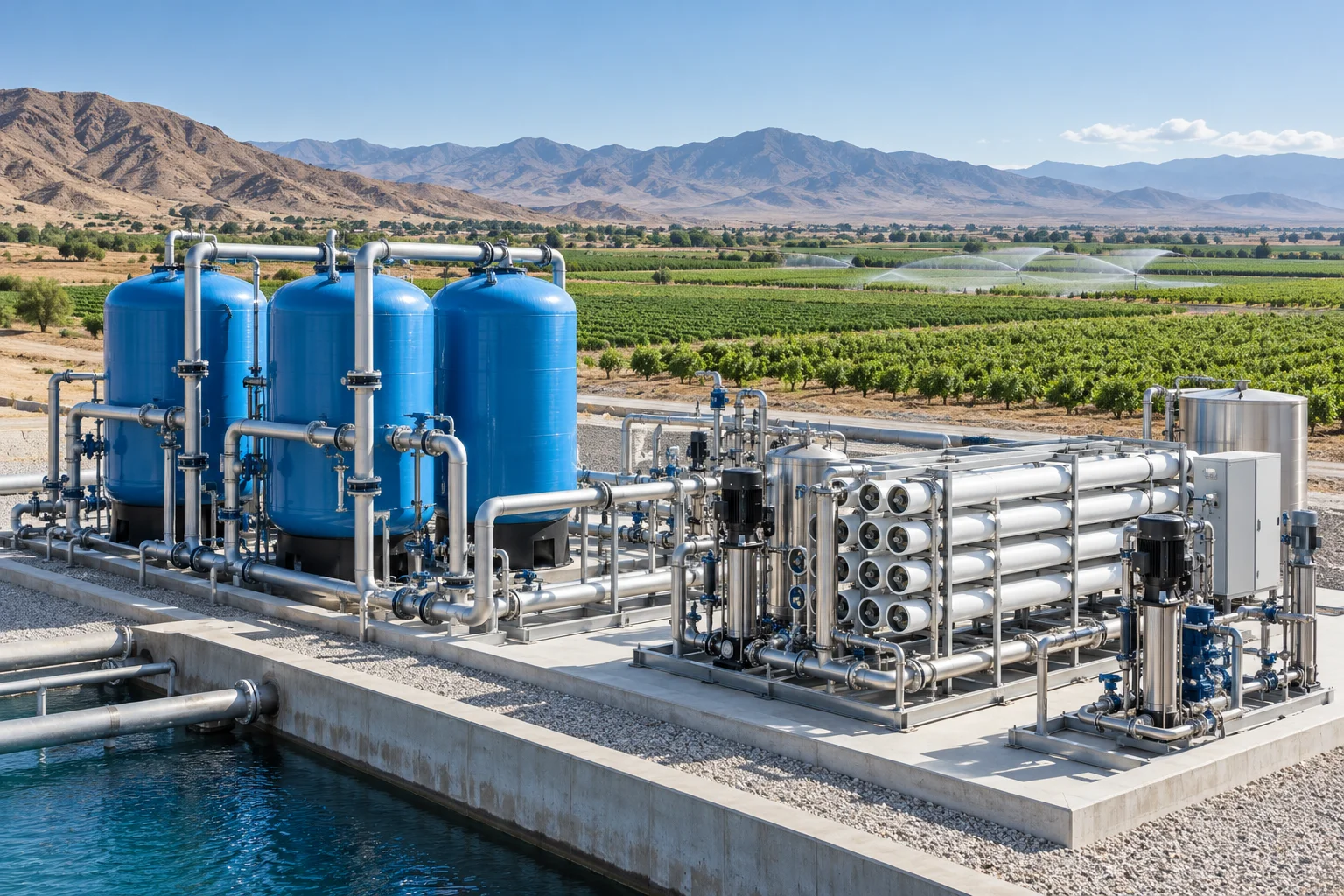 Concept illustration of brackish groundwater treatment equipment beside irrigated farmland