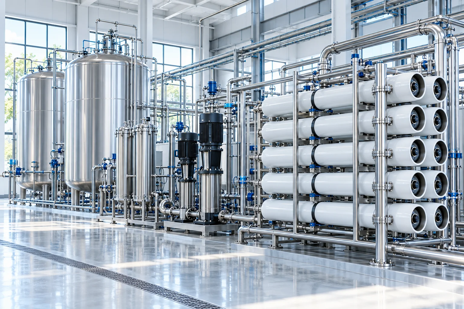 Concept illustration of stainless steel process water purification equipment in a factory