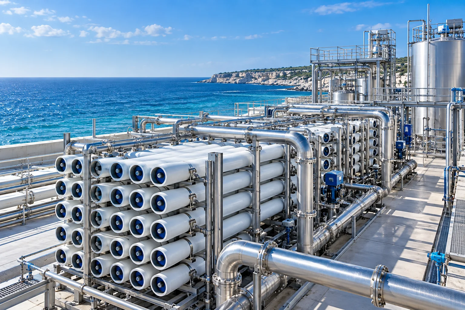 Concept illustration of a coastal seawater desalination plant with reverse osmosis membranes