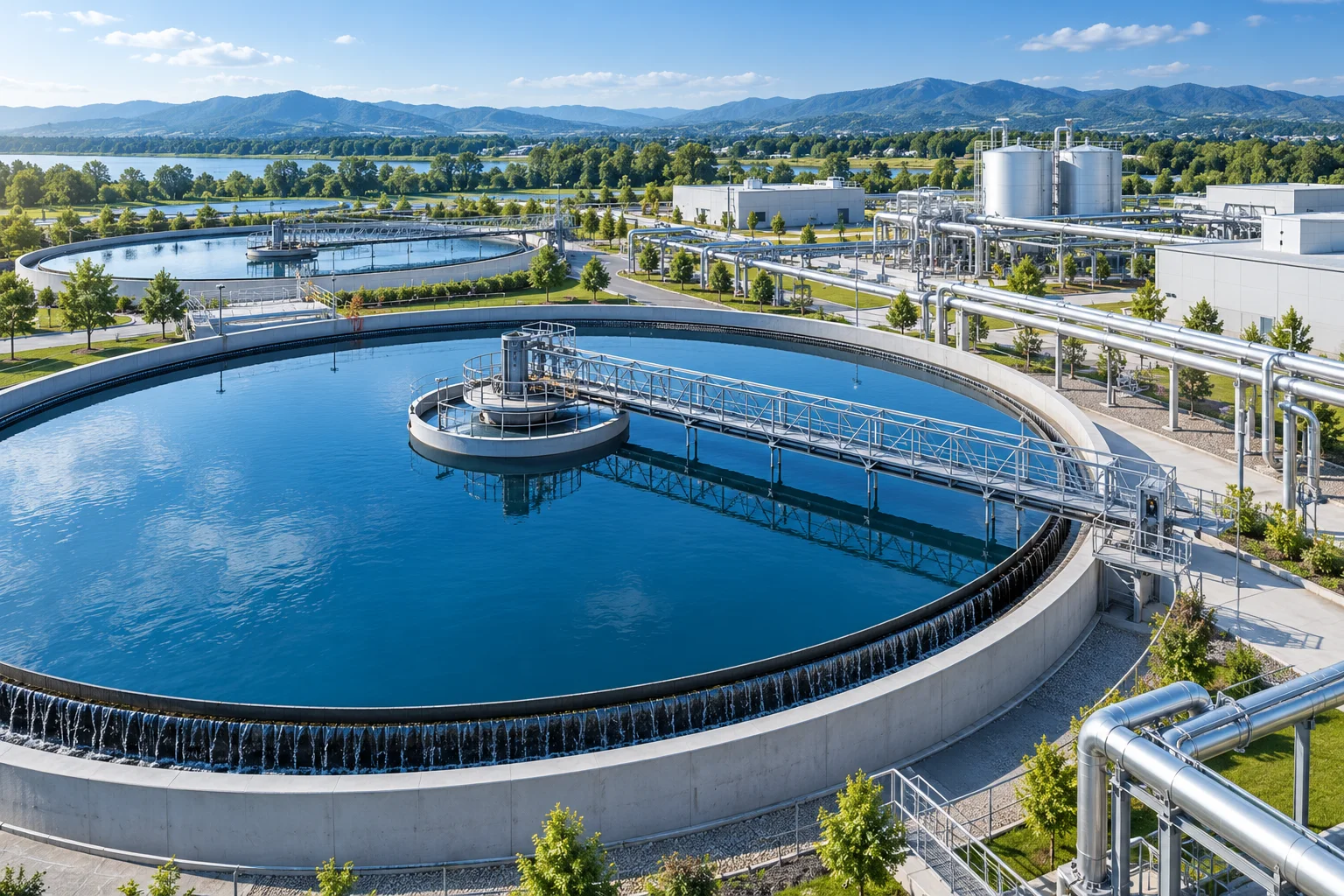 Concept illustration of a wastewater recycling facility with clarification basins